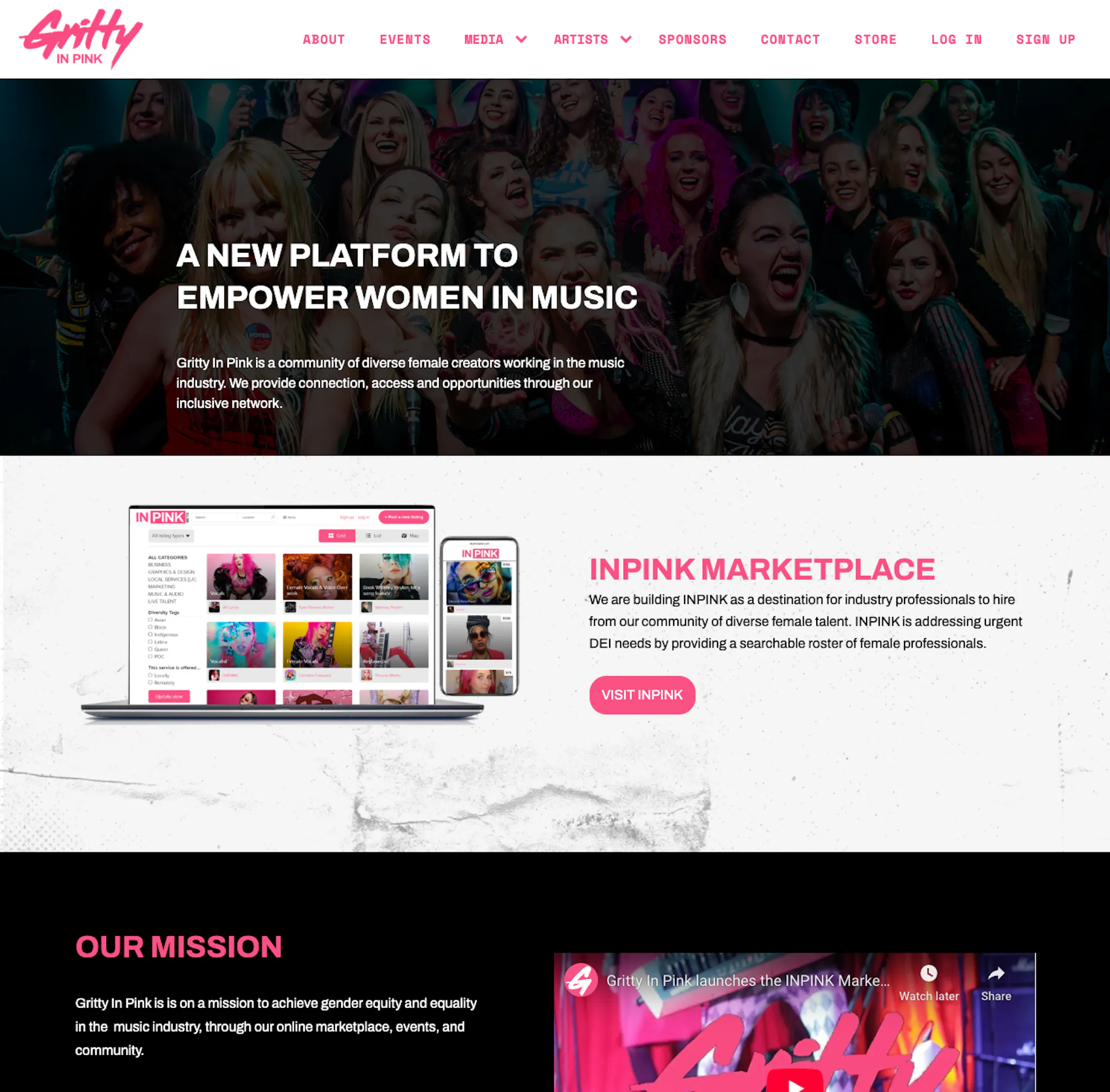Landing page of Gritty In Pink, a marketplace to empower women in music.