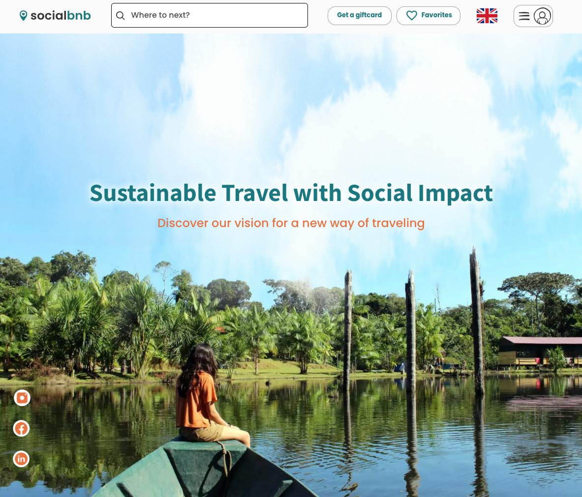 Screenshot of the landing page of socialbnb, a marketplace for responsible travel alternatives.