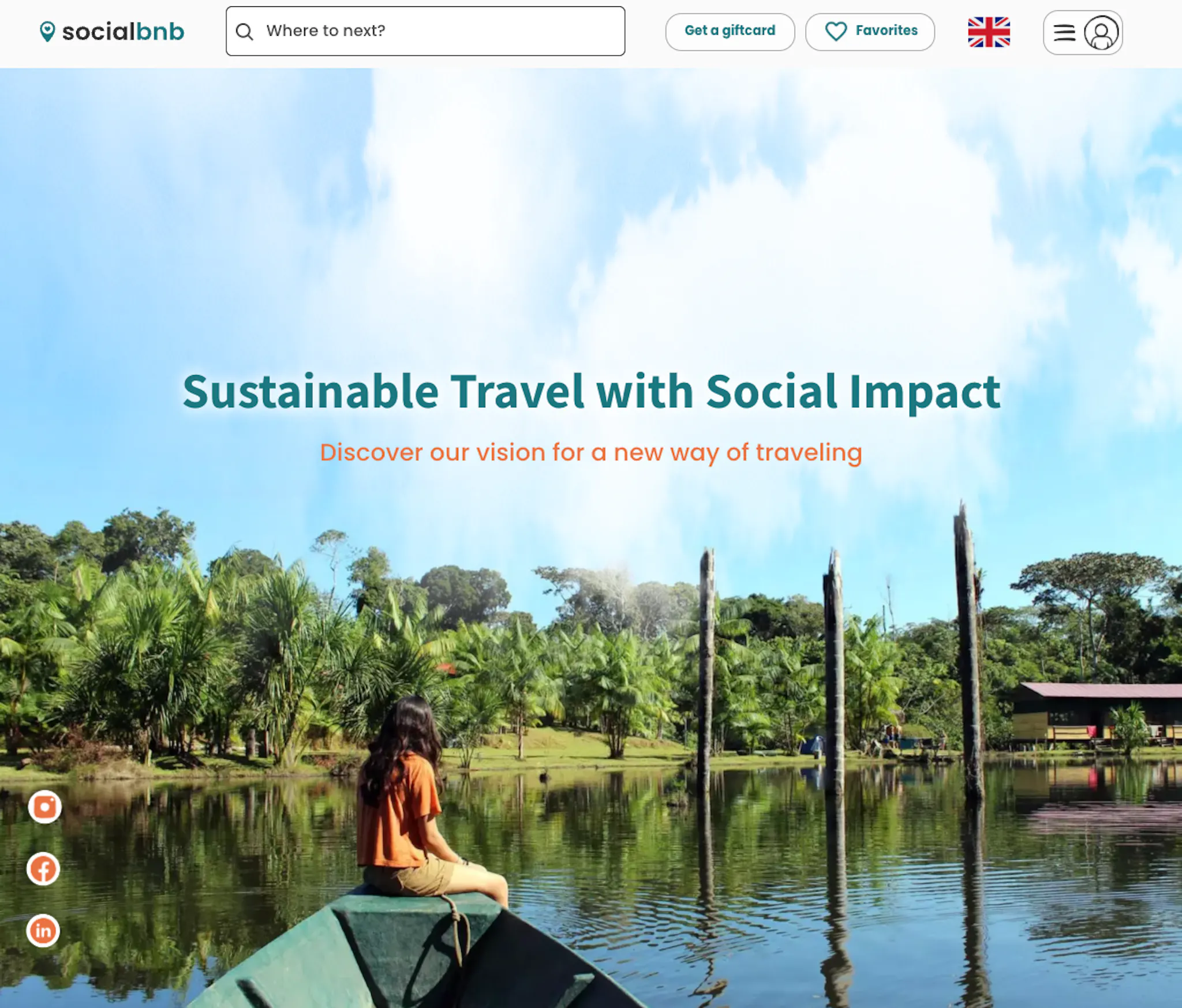 Screenshot of the landing page of socialbnb, a marketplace for responsible travel alternatives.
