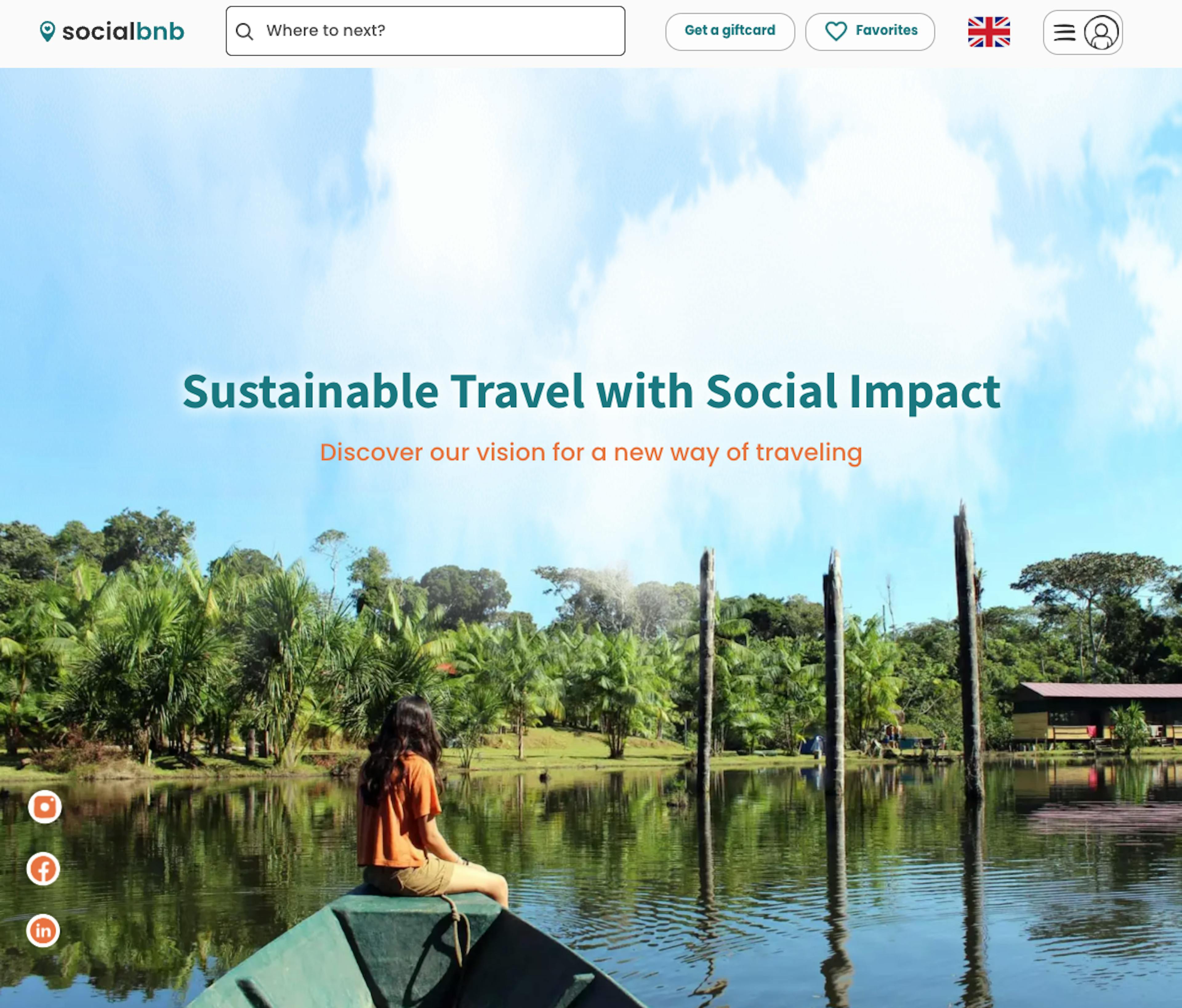 Screenshot of the landing page of socialbnb, a marketplace for responsible travel alternatives.