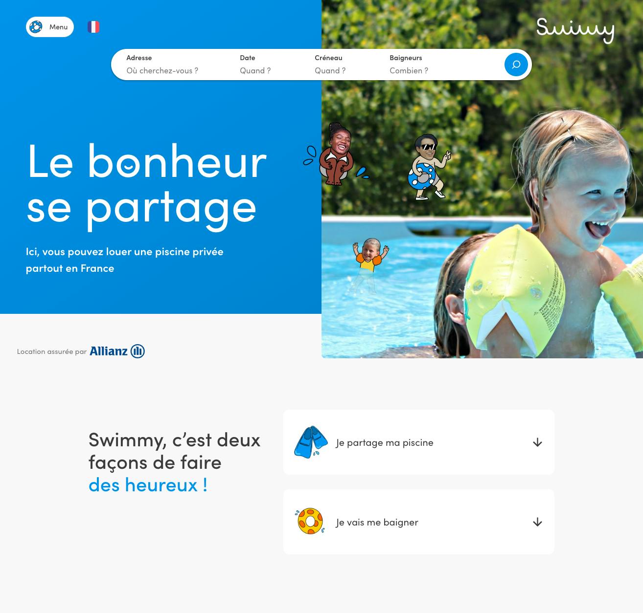 Screenshot of the landing page of Sharetribe customer Swimmy, a pool rental marketplace.