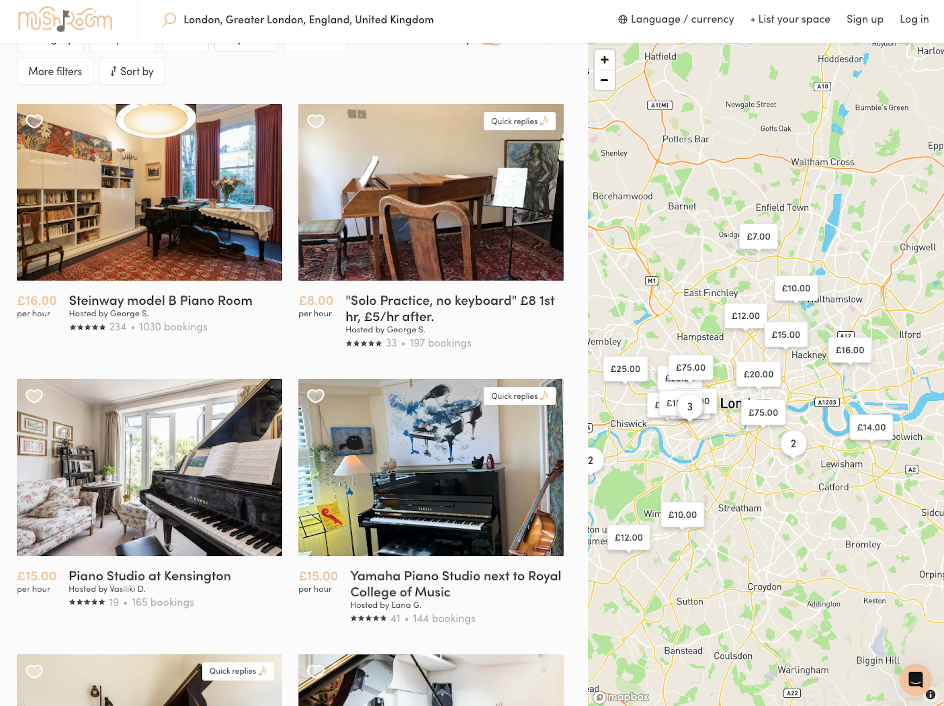 Screenshot of the listings page on the Sharetribe-powered rental marketplace Scouter, showing several listings for private spaces suited for creative shoots and a map of the Greater Los Angeles area.
