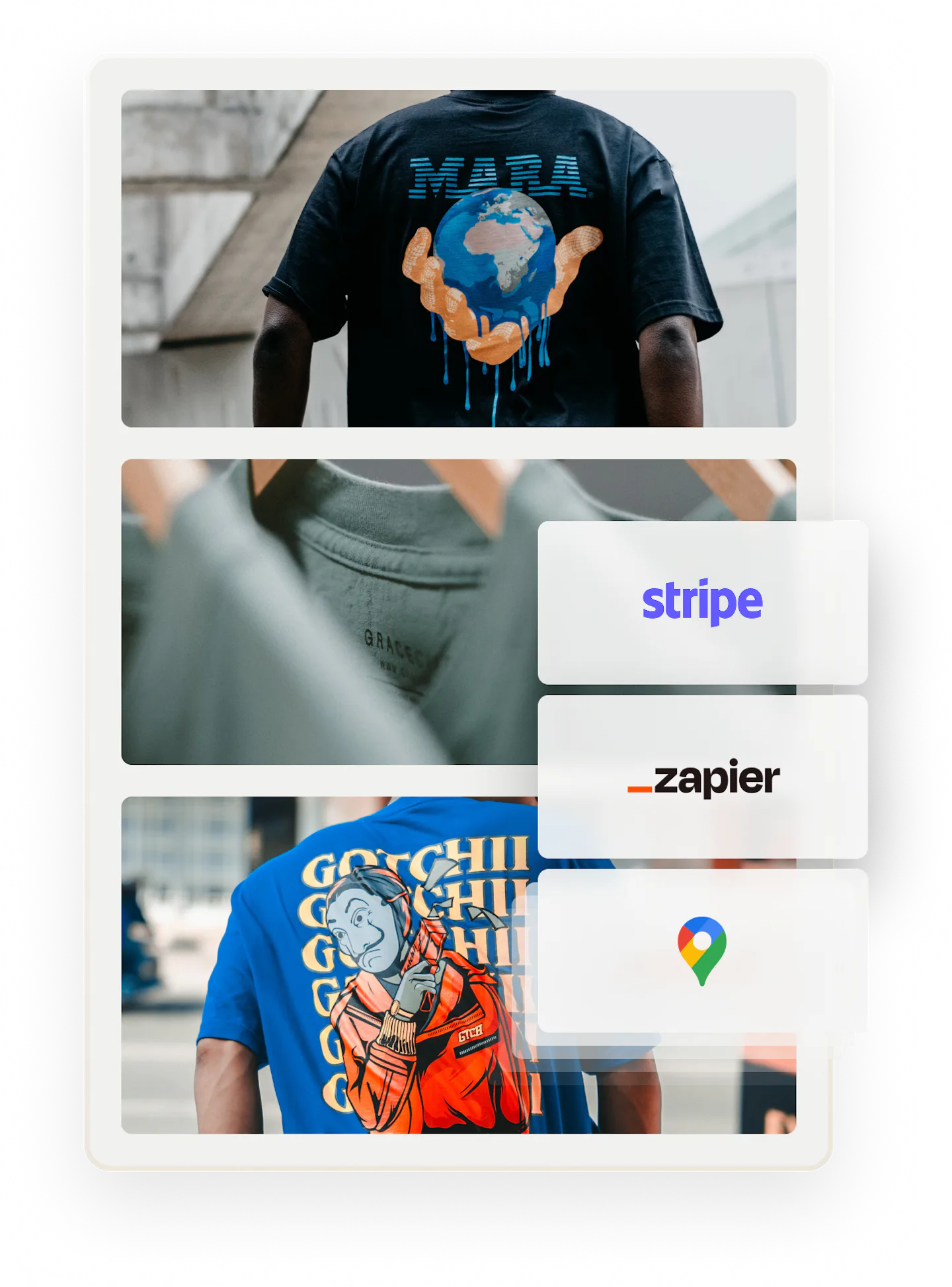 Logos of built-in integrations in Sharetribe, including Stripe, Zapier, Google Maps, and more.