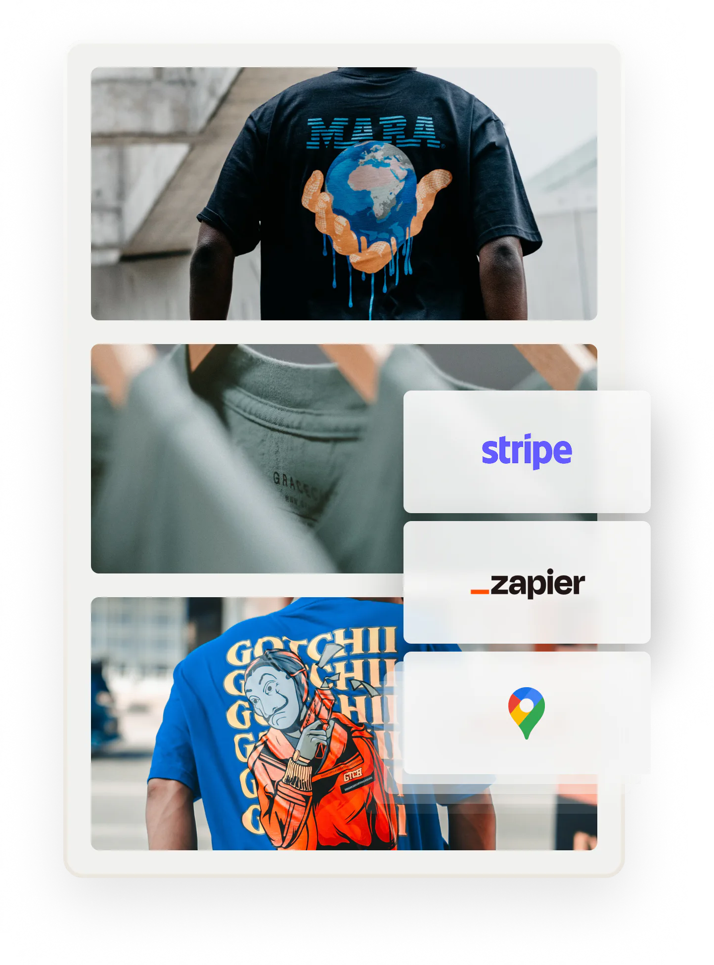 Logos of built-in integrations in Sharetribe, including Stripe, Zapier, Google Maps, and more.