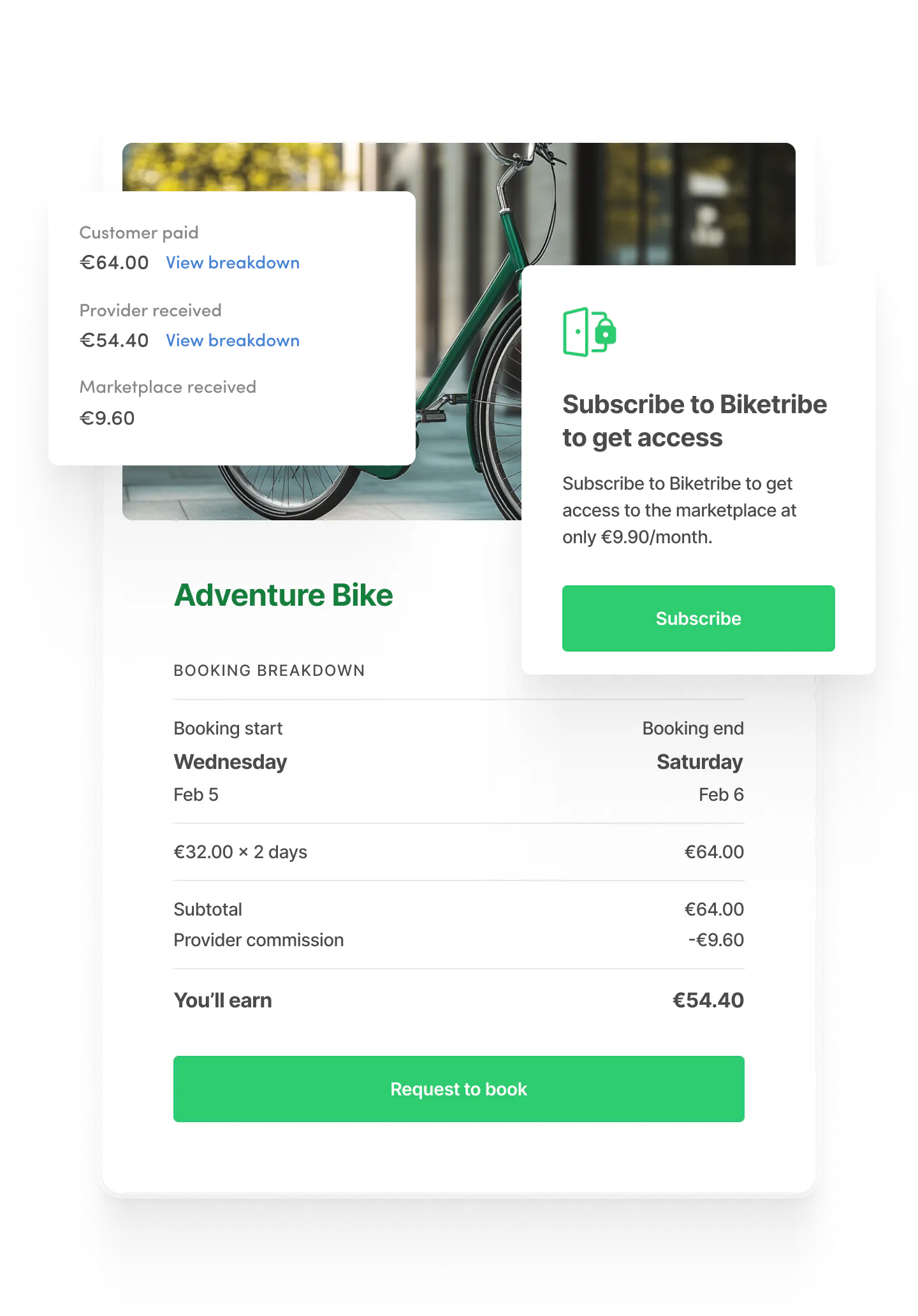 A transaction on a bike rental marketplace with commission rates separated in the order breakdown. The marketplace also has a membership subscription.