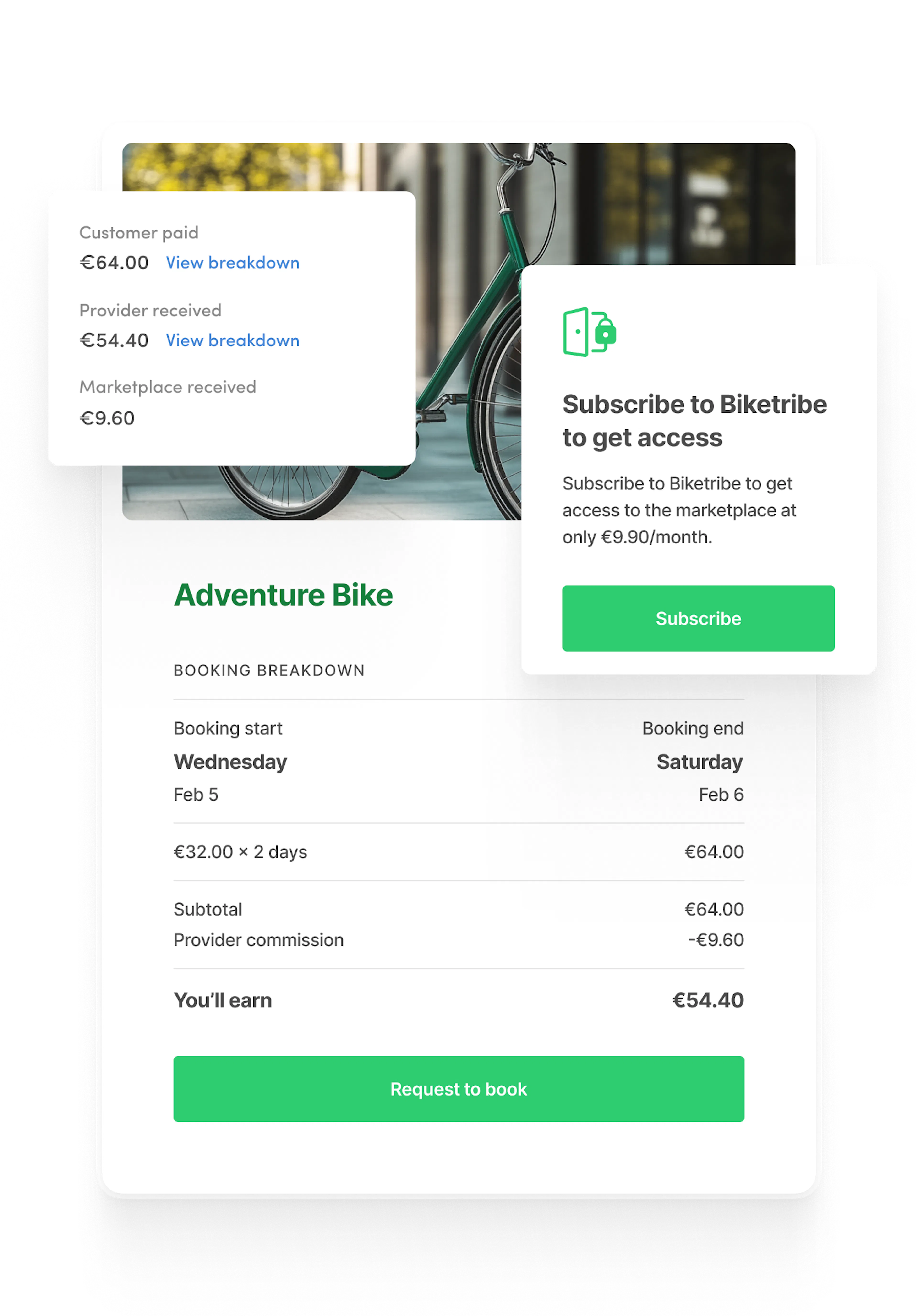 A transaction on a bike rental marketplace with commission rates separated in the order breakdown. The marketplace also has a membership subscription.
