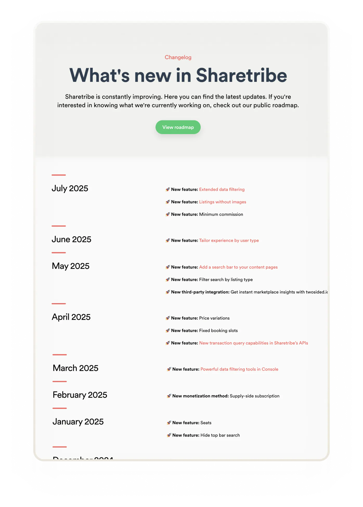 Screenshot of Sharetribe's changelog, with releases from each month in 2025, with earlier releases the year before cropped off the picture.