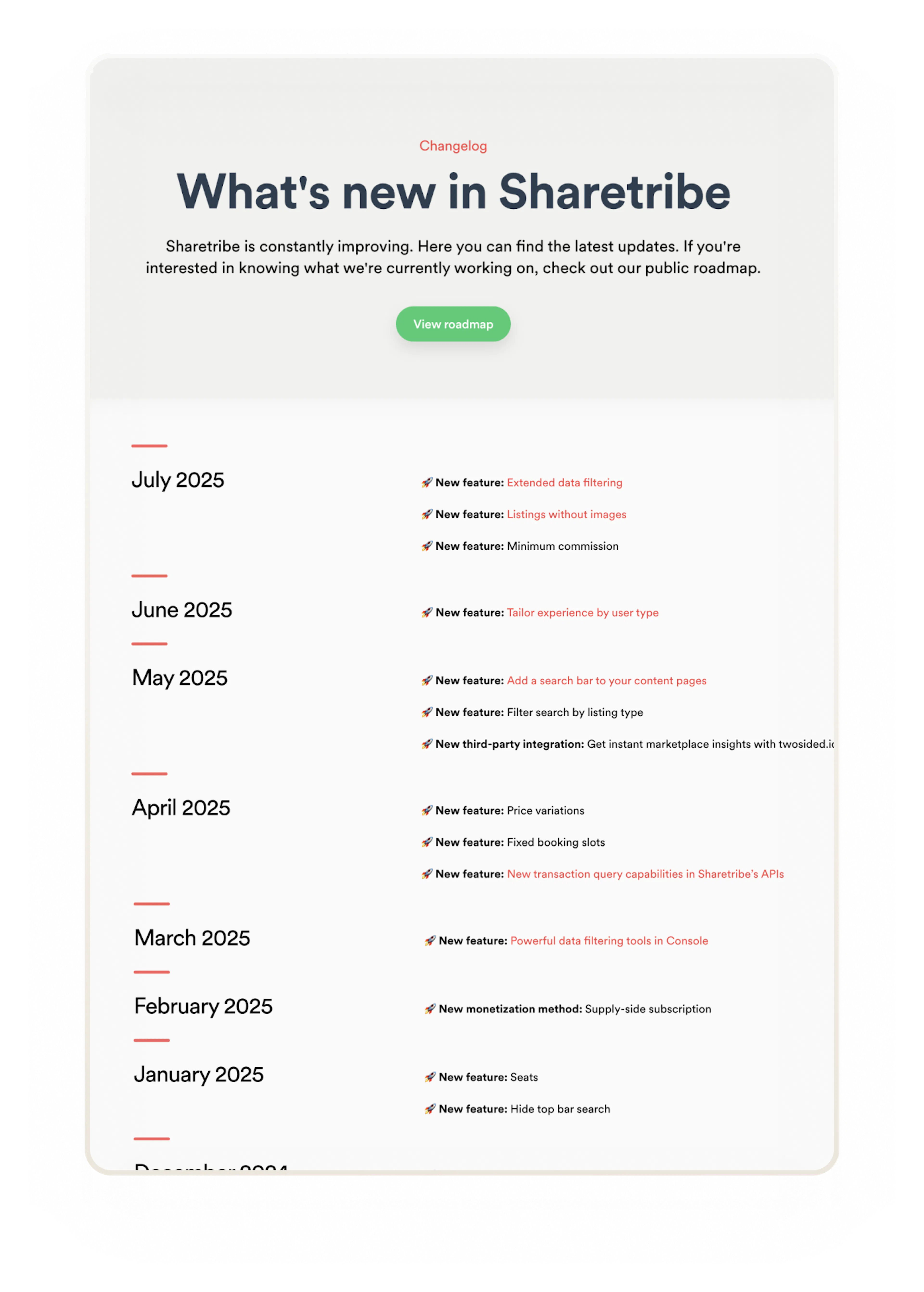 Screenshot of Sharetribe's changelog, with releases from each month in 2025, with earlier releases the year before cropped off the picture.