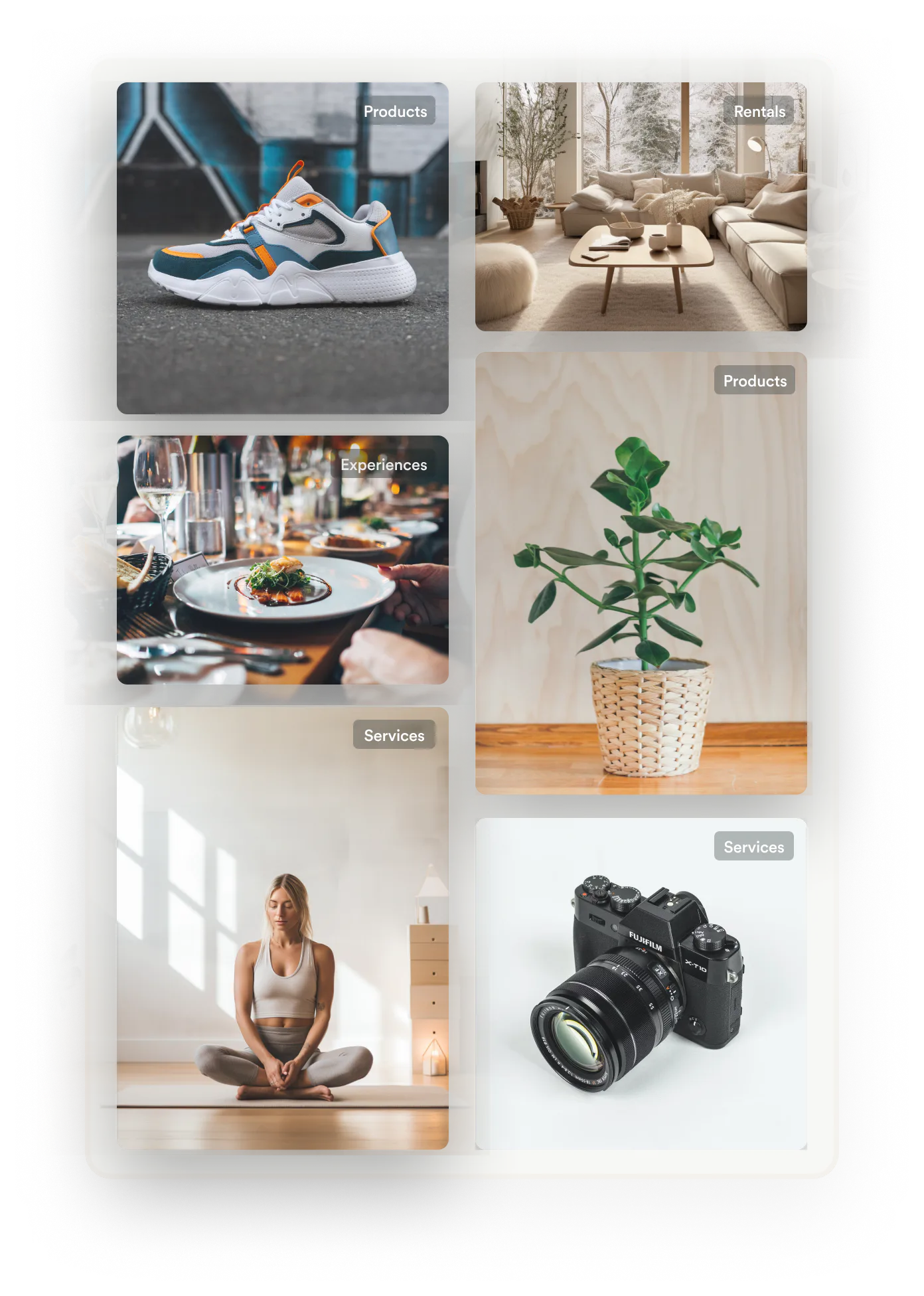 Images of different marketplace products, services, rentals, and experiences. Sharetribe supports transactions for all of these.