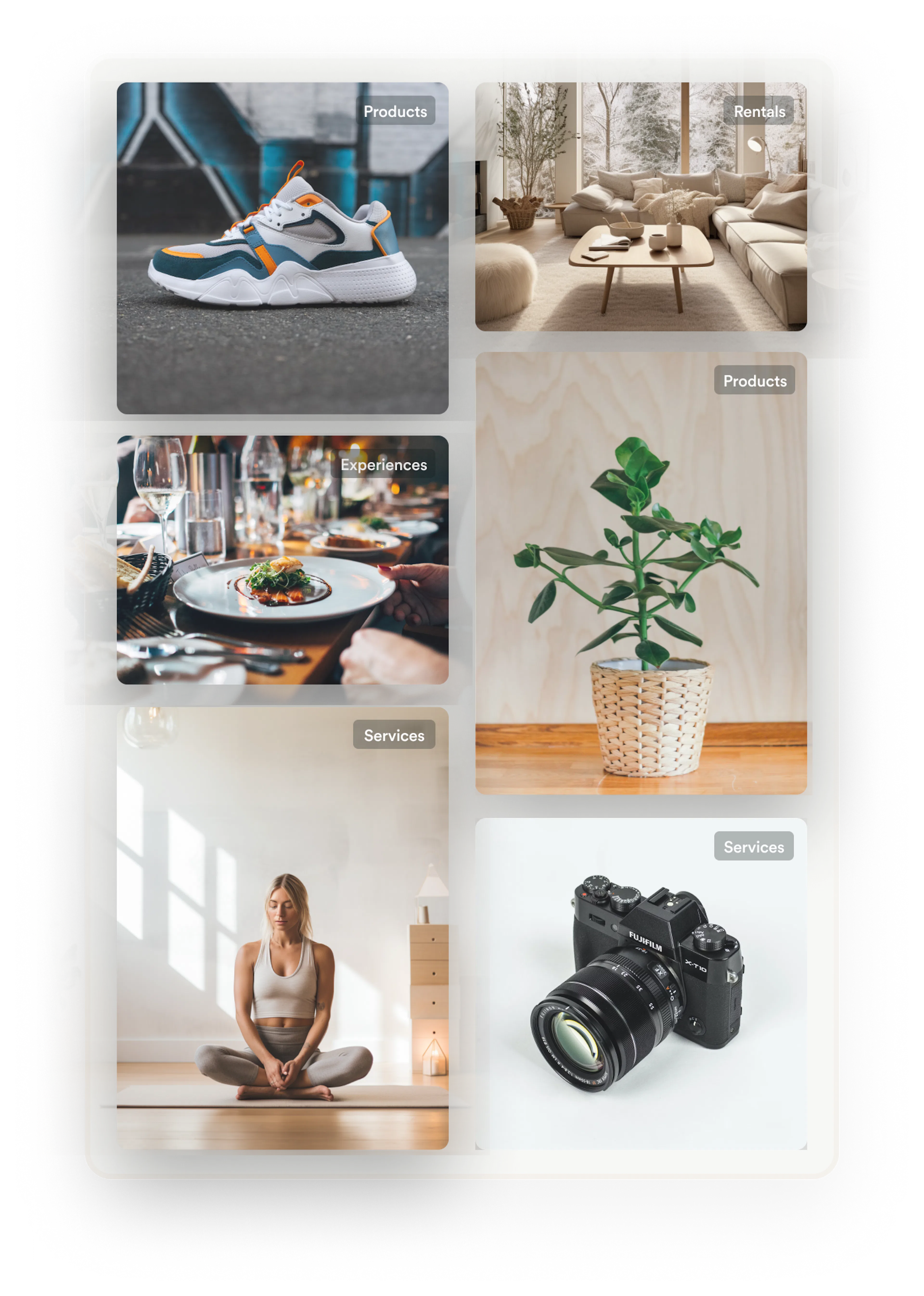 Images of different marketplace products, services, rentals, and experiences. Sharetribe supports transactions for all of these.