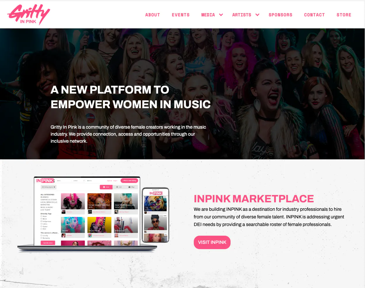 Landing page of Gritty In Pink, a marketplace to empower women in music.
