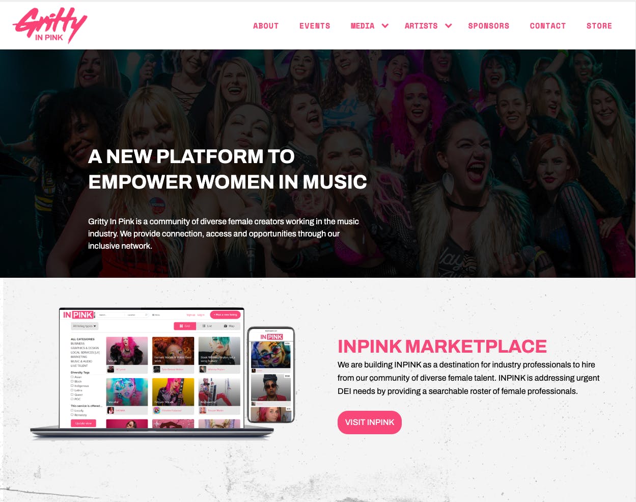Landing page of Gritty In Pink, a marketplace to empower women in music.