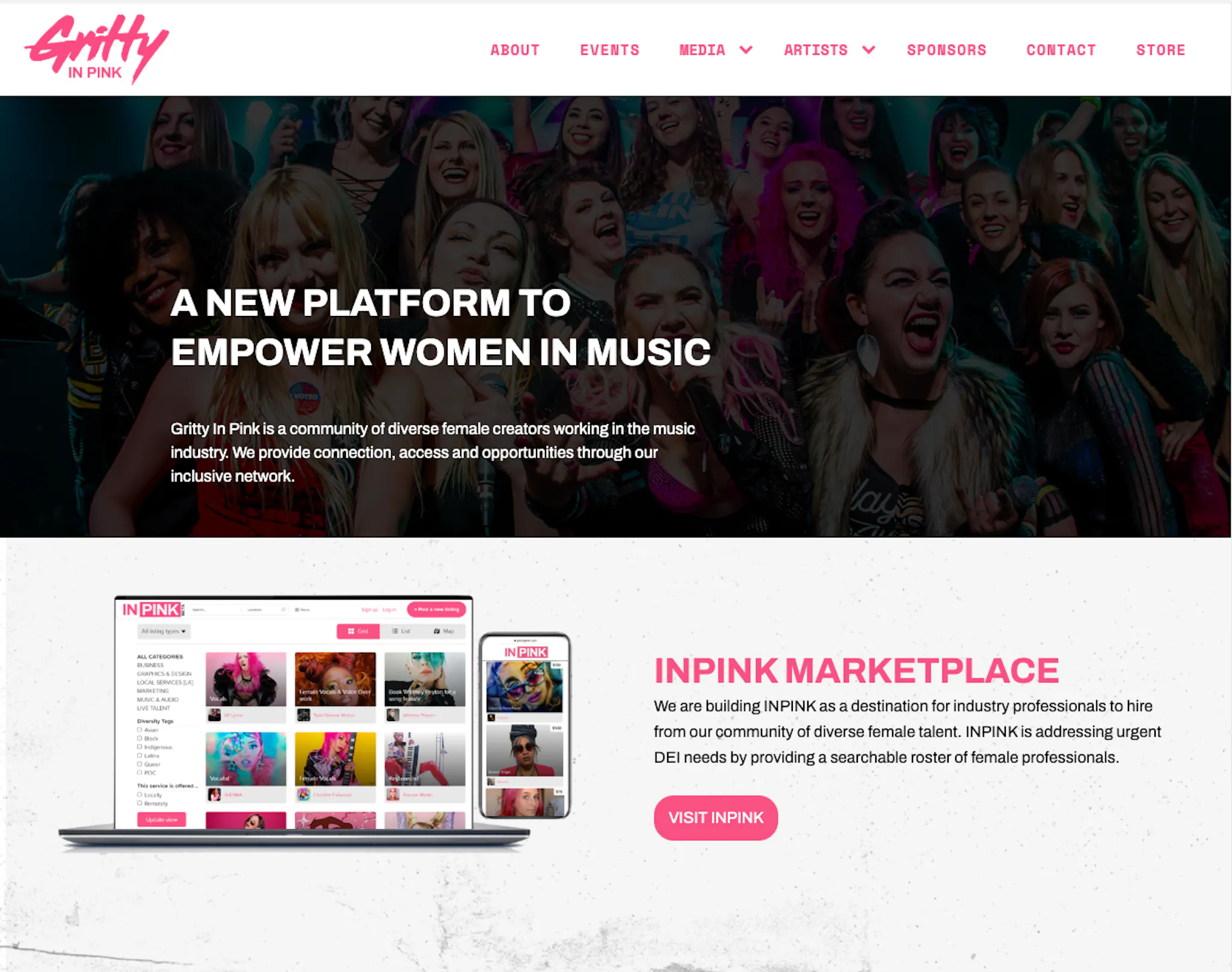 Landing page of Gritty In Pink, a marketplace to empower women in music.