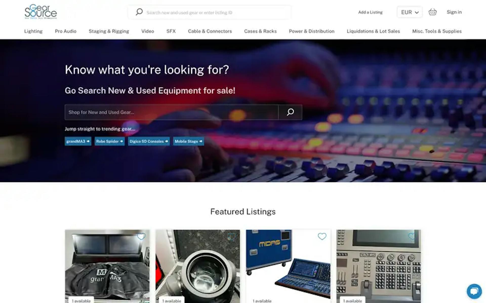 GearSource's homepage allows you to search for new and used production equipment and features categories like lighting, pro audio, staging and rigging, sound effects (SFX), and more.