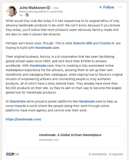 Sharetribe CEO Juho Makkonen’s LinkedIn post