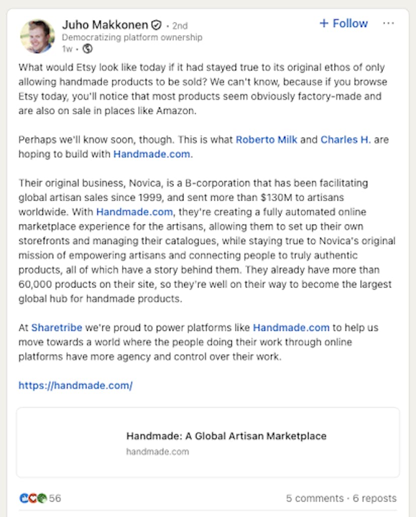 Sharetribe CEO Juho Makkonen’s LinkedIn post