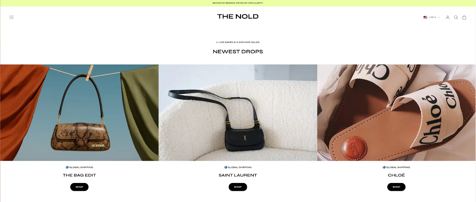 The homepage of The Nold featuring designer bags and shoes from brands like Jacquemus, Saint Laurent, and Chloé.