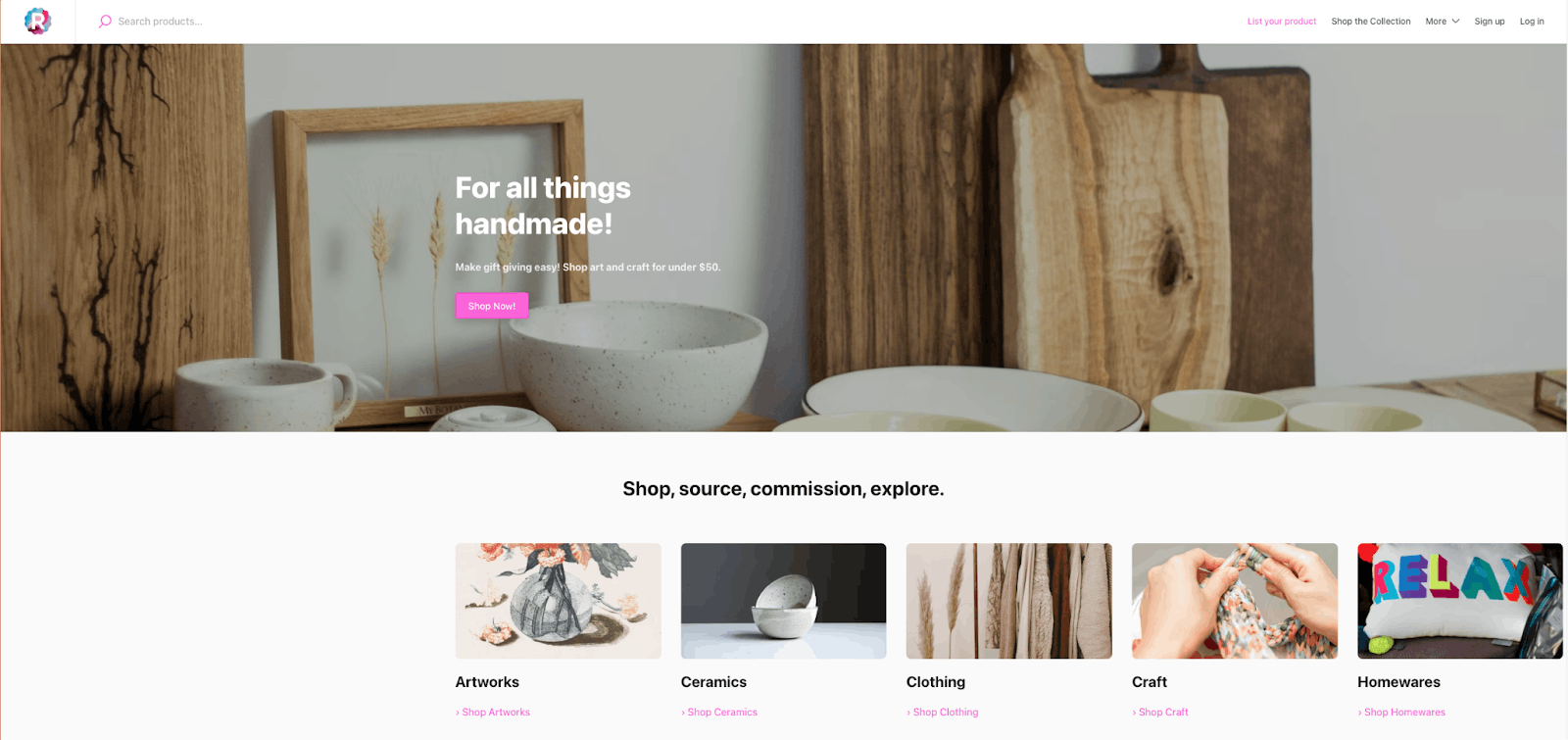 The homepage of Rose Street Store featuring handmade ceramics and categories like artworks, clothing, craft, and homewares.
