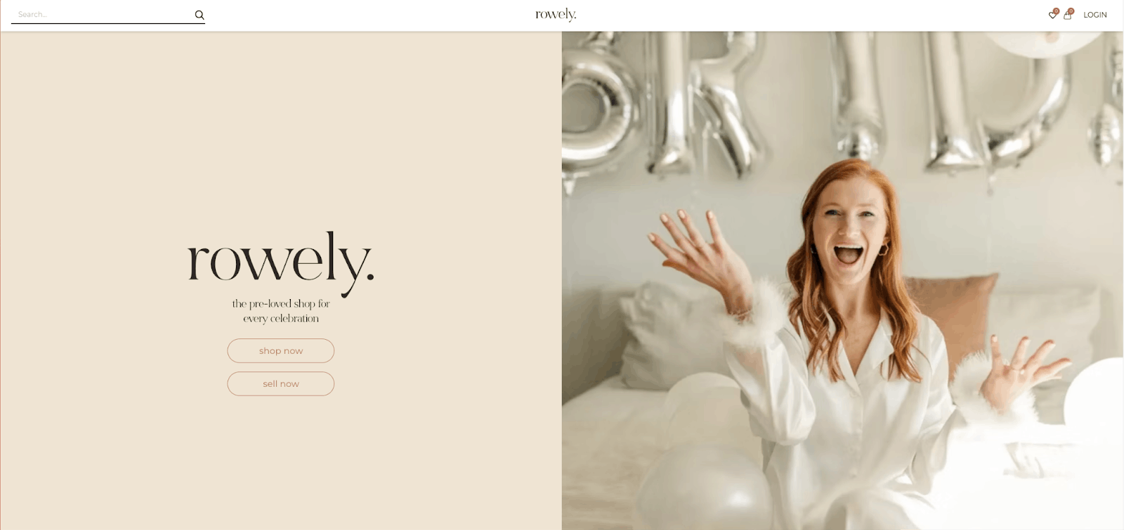 The homepage of Rowely with a tagline “the pre-loved shop for every celebration” and an image of a woman celebrating in bridal attire.