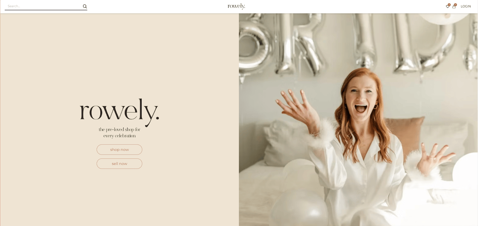 The homepage of Rowely with a tagline “the pre-loved shop for every celebration” and an image of a woman celebrating in bridal attire.