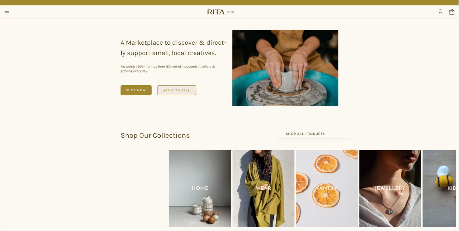 The homepage of Rita Edited showing a pottery maker at work and product collections for home, wear, pantry, jewellery, and kids.