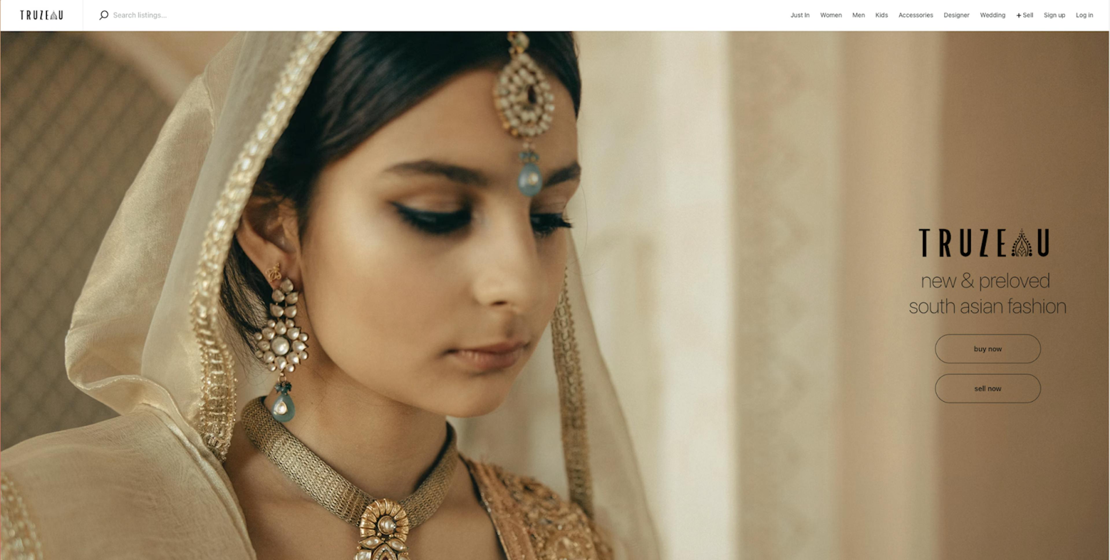 The homepage of Truzeau features a woman wearing traditional South Asian jewellery and a tagline highlighting new and preloved fashion.