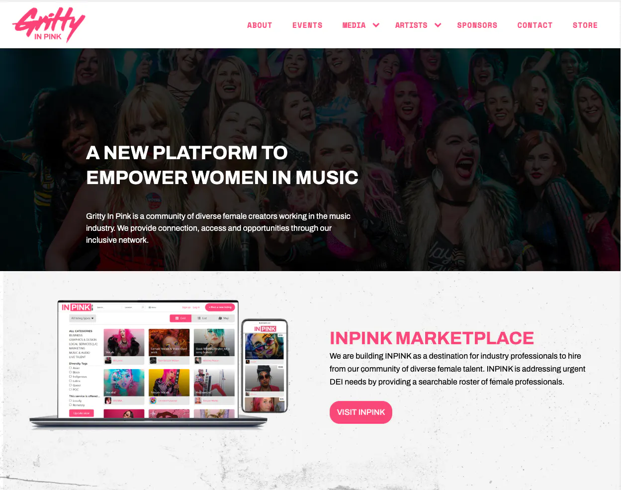 A screenshot of the Gritty In Pink landing page.
