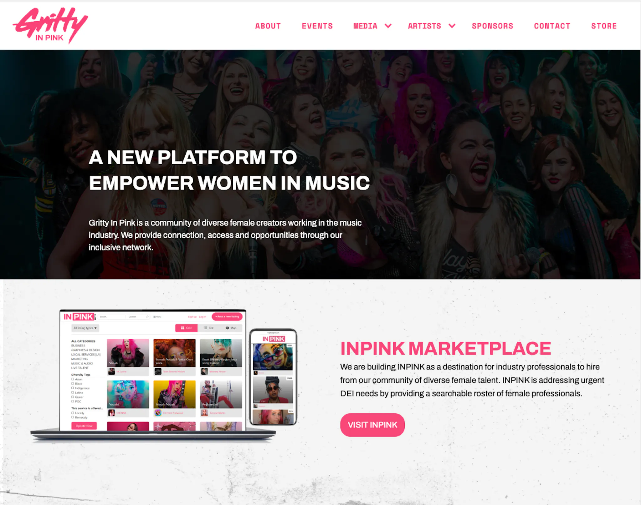A screenshot of the Gritty In Pink landing page.