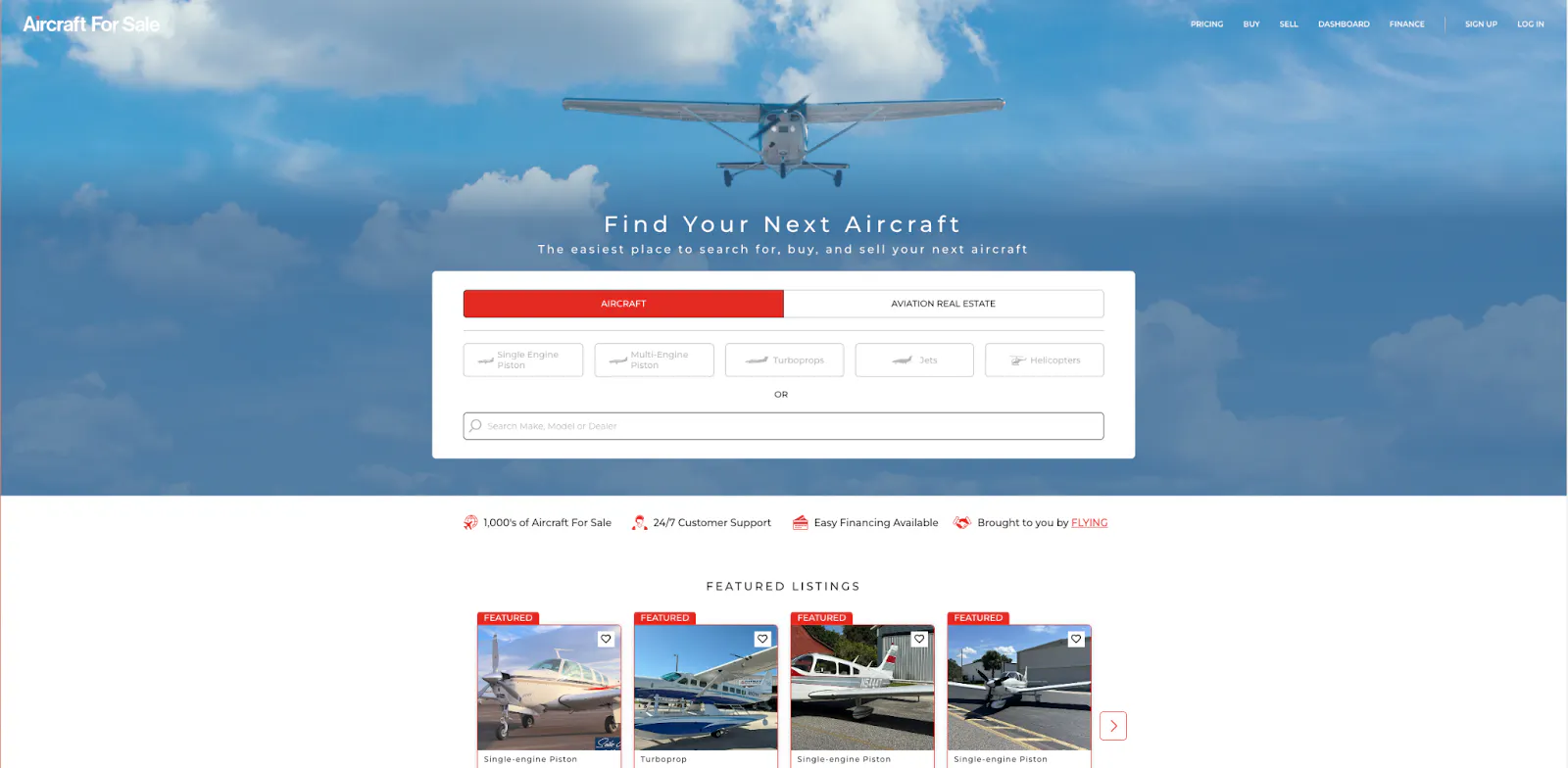 A screenshot of the Aircraft For Sale landing page.