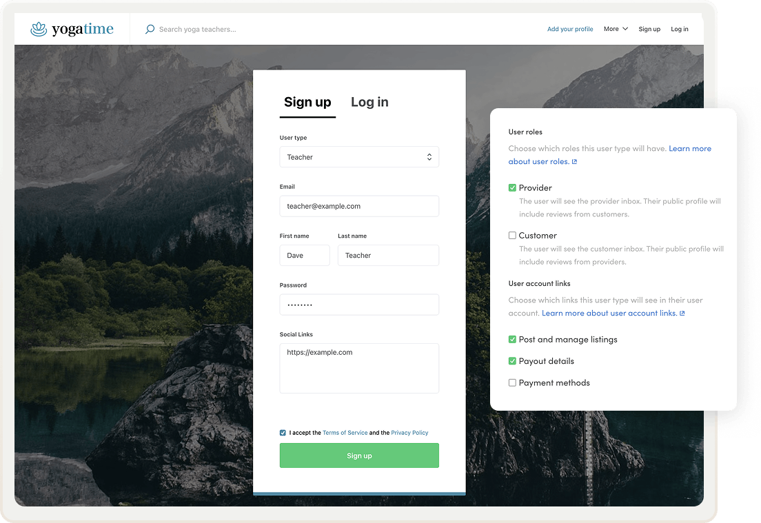 Signup page on a Sharetribe marketplace with different signup forms for two two user types.