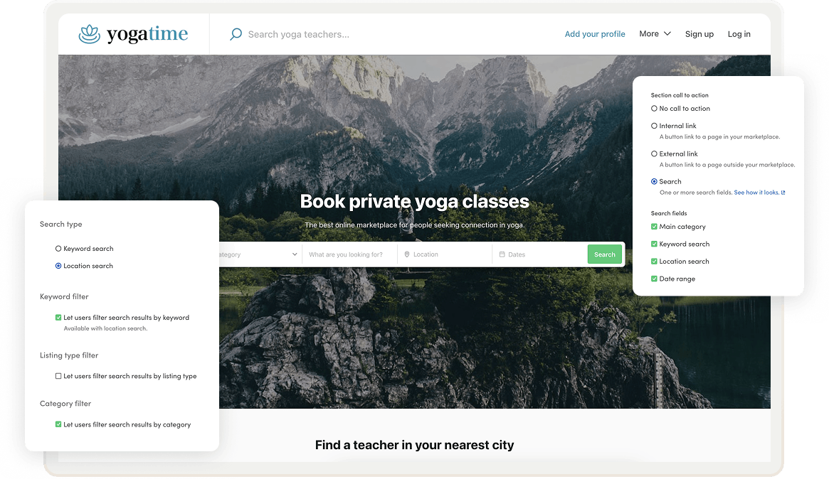 A landing page in a Sharetribe marketplace with the search bar call to action enabled.
