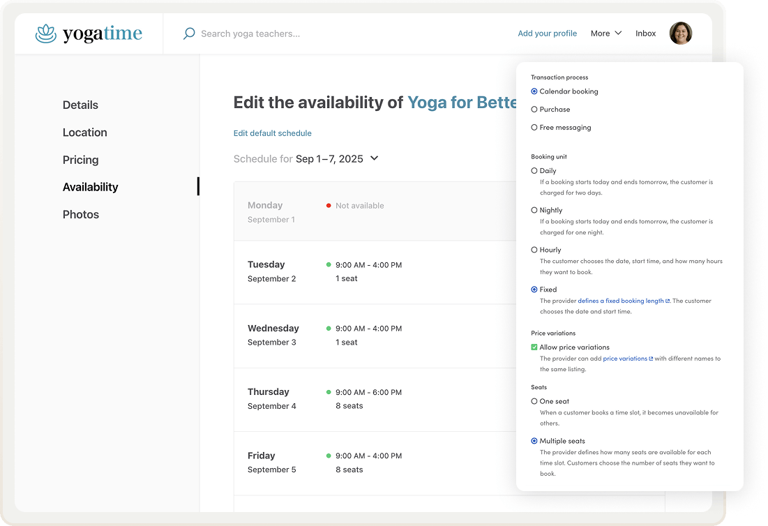 Availability management for a listing in a Sharetribe marketplace, with fixed bookings slots, price variations, and seats enabled.