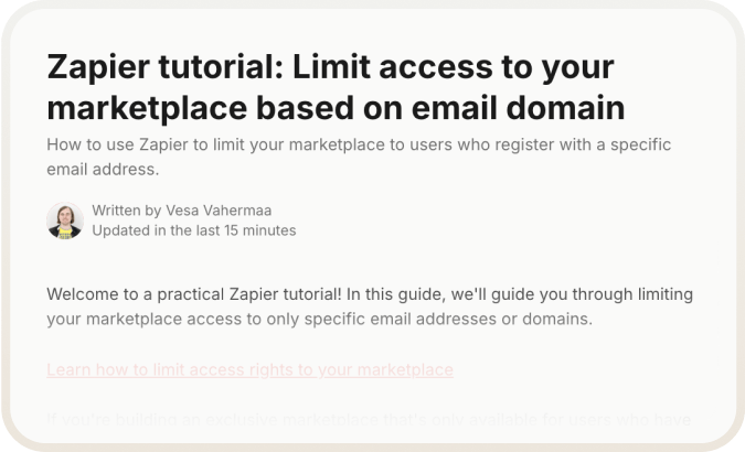 A snippet of the Zap template tutorial to limit access by email domain in Sharetribe's Help Center.
