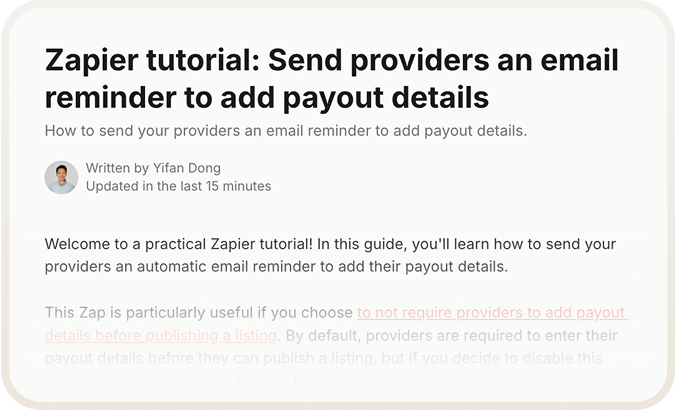 A snippet of the Zap template tutorial to send a payout detail reminder email in Sharetribe's Help Center.