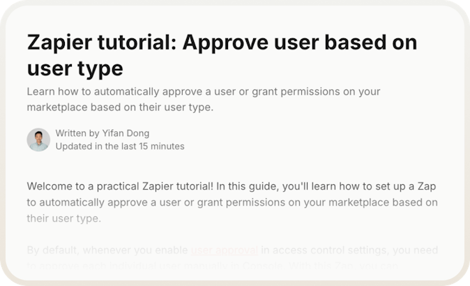 A snippet of the Zap template tutorial to automate approval based on user type in Sharetribe's Help Center.