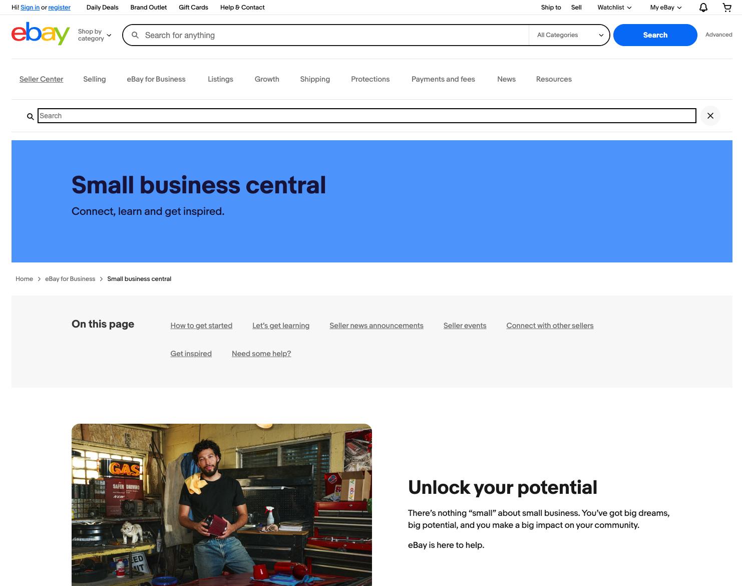 Screenshot of eBay's "Small business central" page, showing the following categories: How to get started, Let's get learning, Seller news announcements, Seller events, Connect with other sellers, Get inspired, and Need some help?