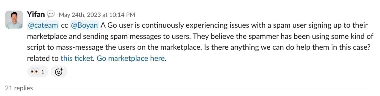 Slack message where Yifan reports that a customer is facing issues with a spam user signing up and sending spam messages to users.