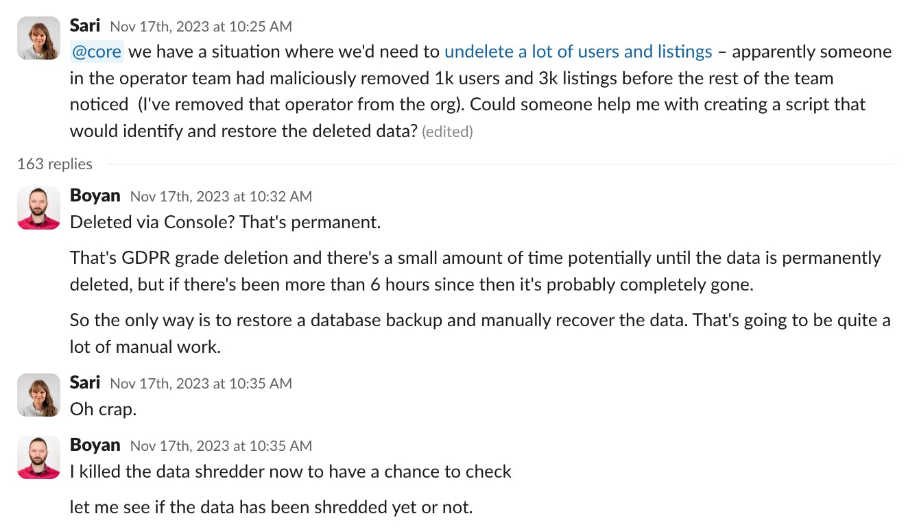 Slack discussion where Sari reports that a someone in a marketplace's operator team has maliciously deleted thousands of users and listings, and Boyan replies that this is a GDPR-grade deletion and if more than six hours have passed, it's permanent.