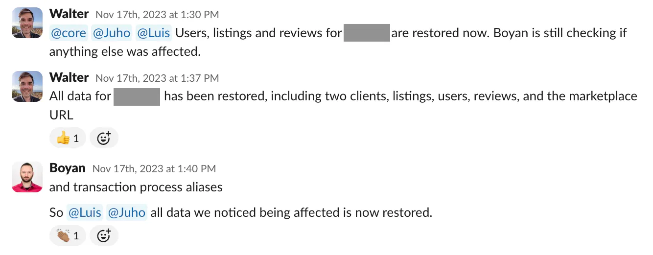 Slack discussion where Walter and Boyan report that the maliciously deleted data was successfully restored.