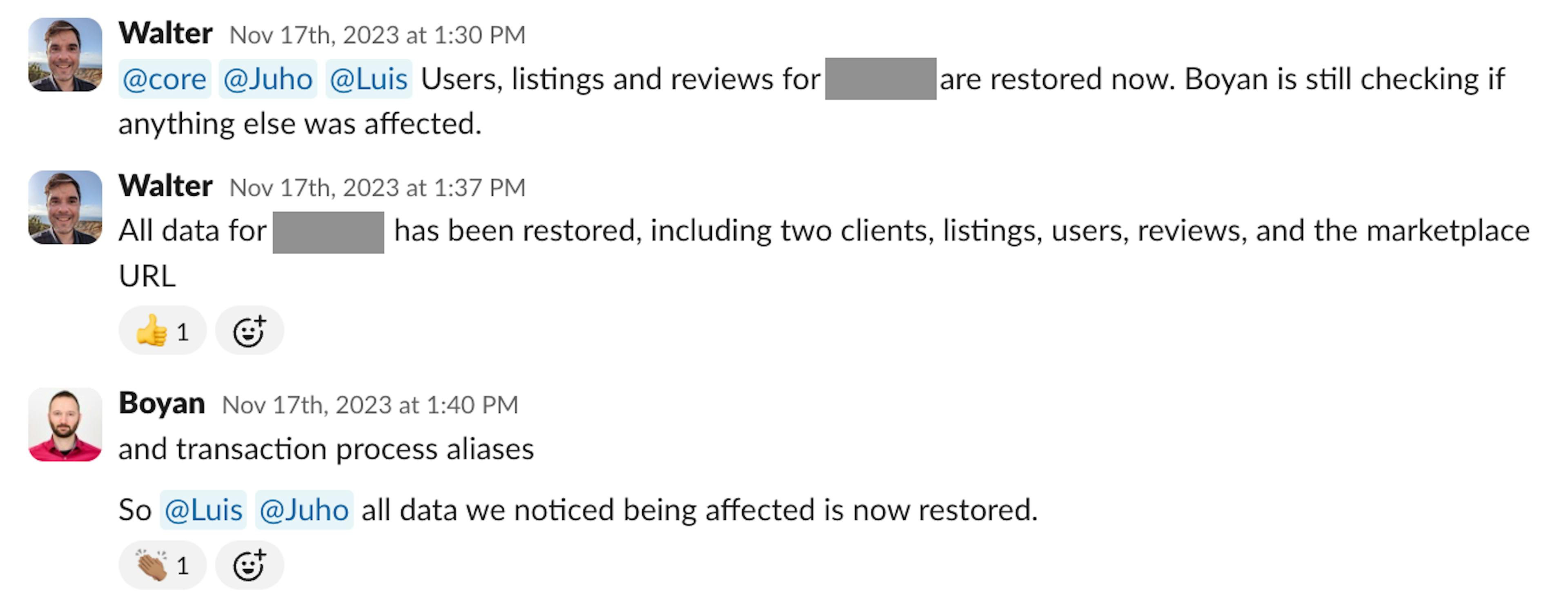 Slack discussion where Walter and Boyan report that the maliciously deleted data was successfully restored.