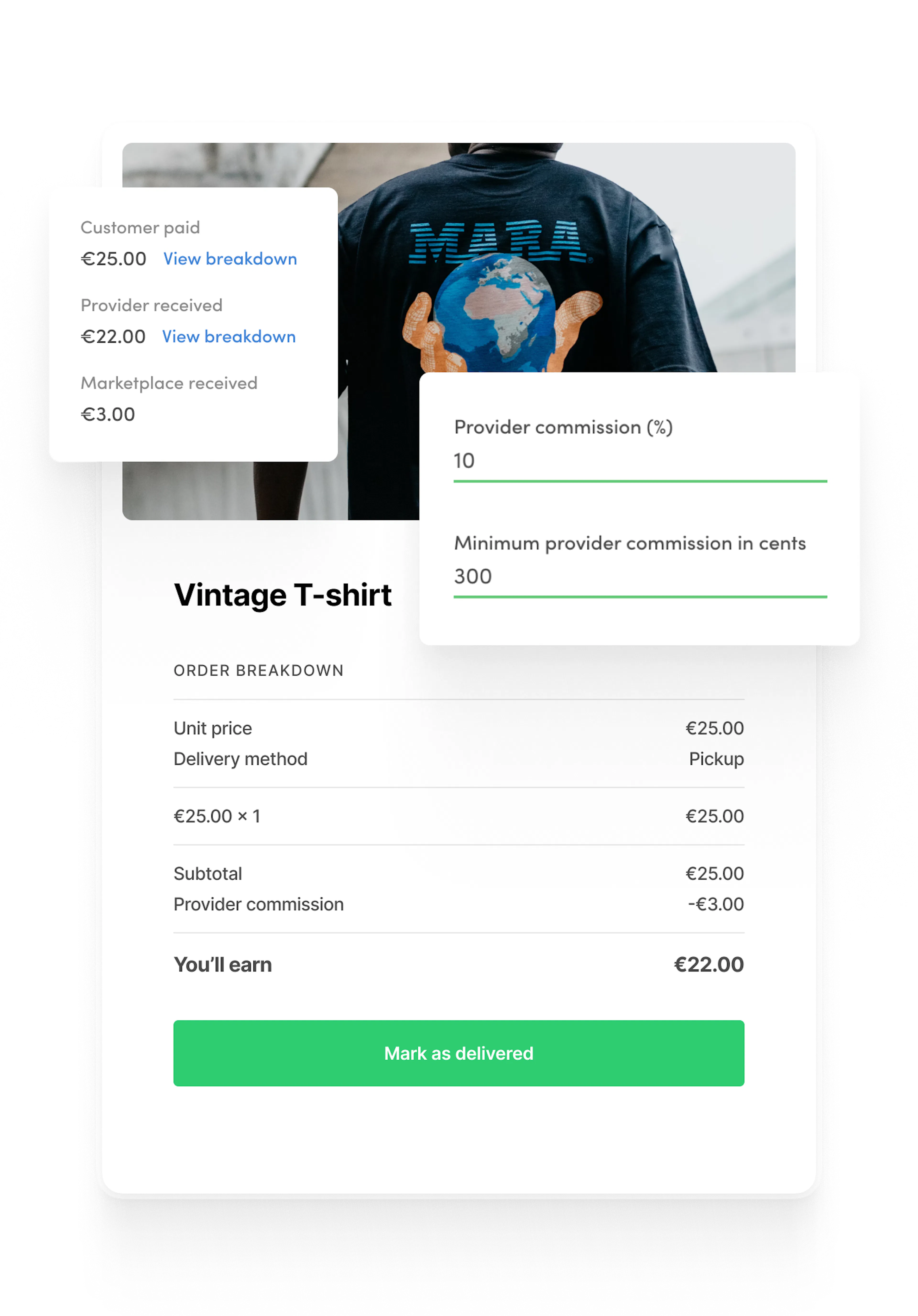 Someone is buying a vintage t-shirt for 25 euros. The percentage commission is set to 10% while the minimum is three euros. The minimum commission is charged.