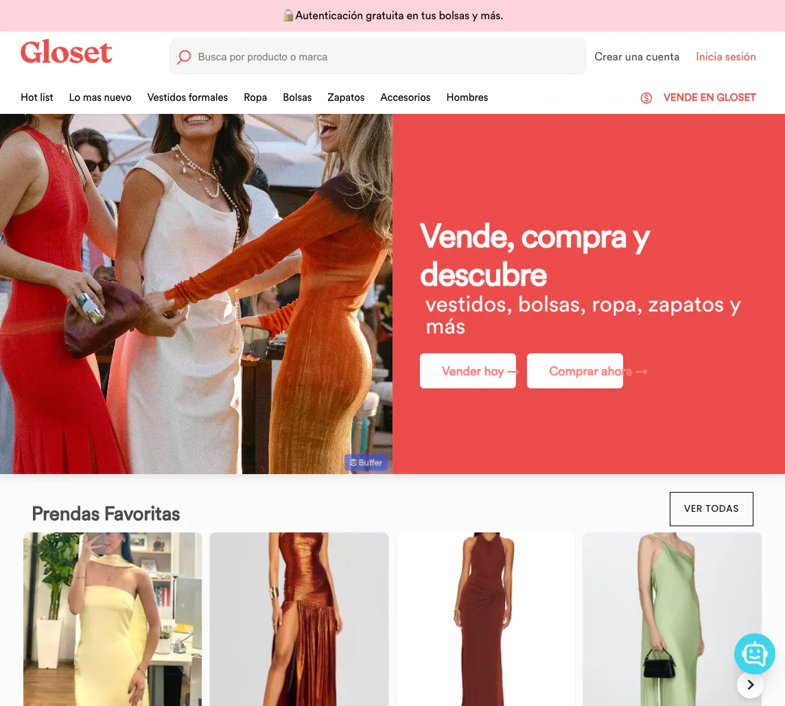 Screenshot of the home page of Sharetribe-customer Gloset, a multi-vendor marketplace for fashion