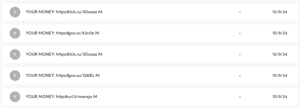 Marketplace admin panel showing several user accounts created on the same day with this user name: "YOUR MONEY", followed by a spammy-looking url.