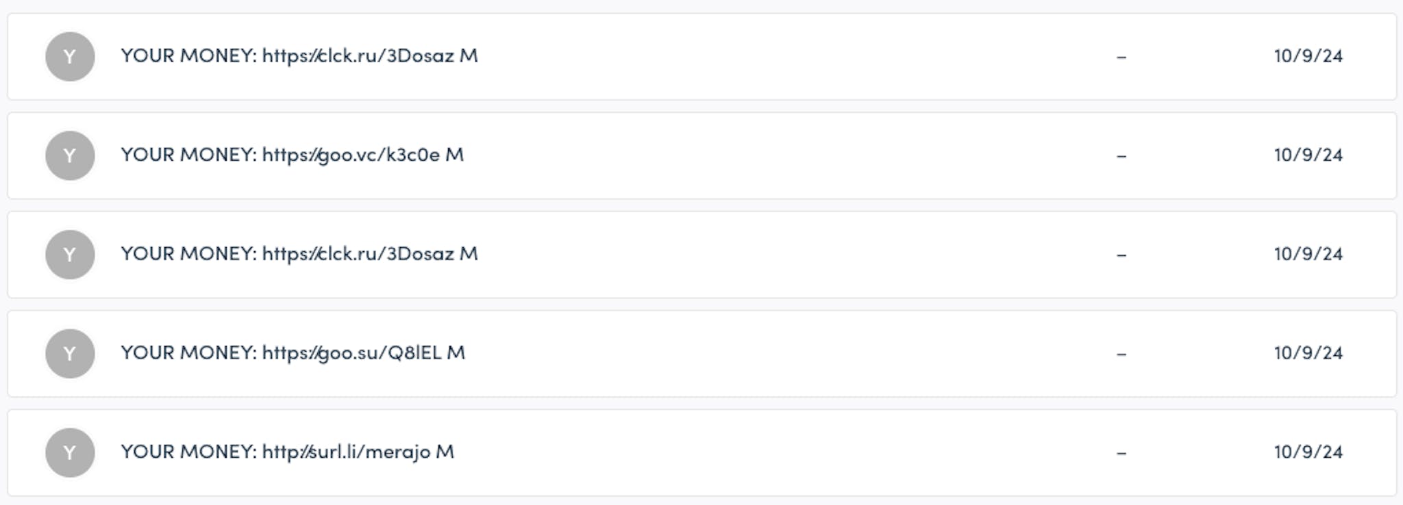 Marketplace admin panel showing several user accounts created on the same day with this user name: "YOUR MONEY", followed by a spammy-looking url.
