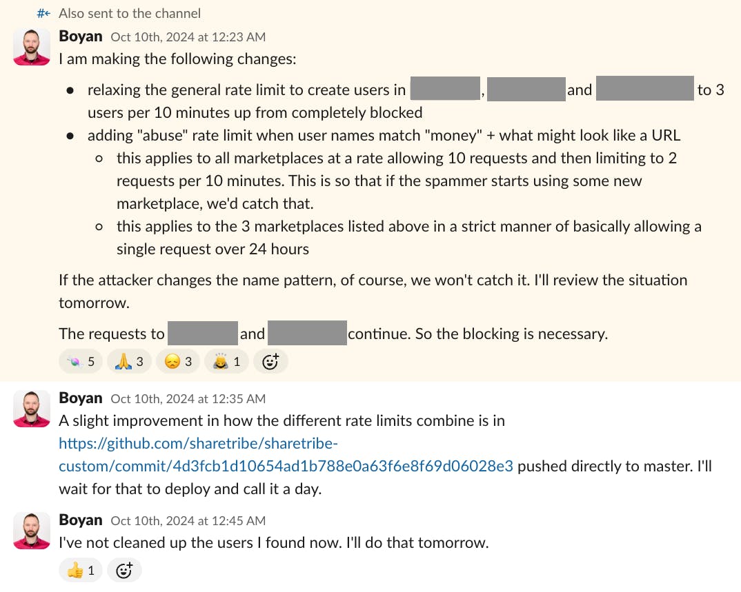 Slack discussion where Boyan describes custom rate limits he has implemented on three marketplaces to block spam user account creation and cleaned up the fake users from these marketplaces.