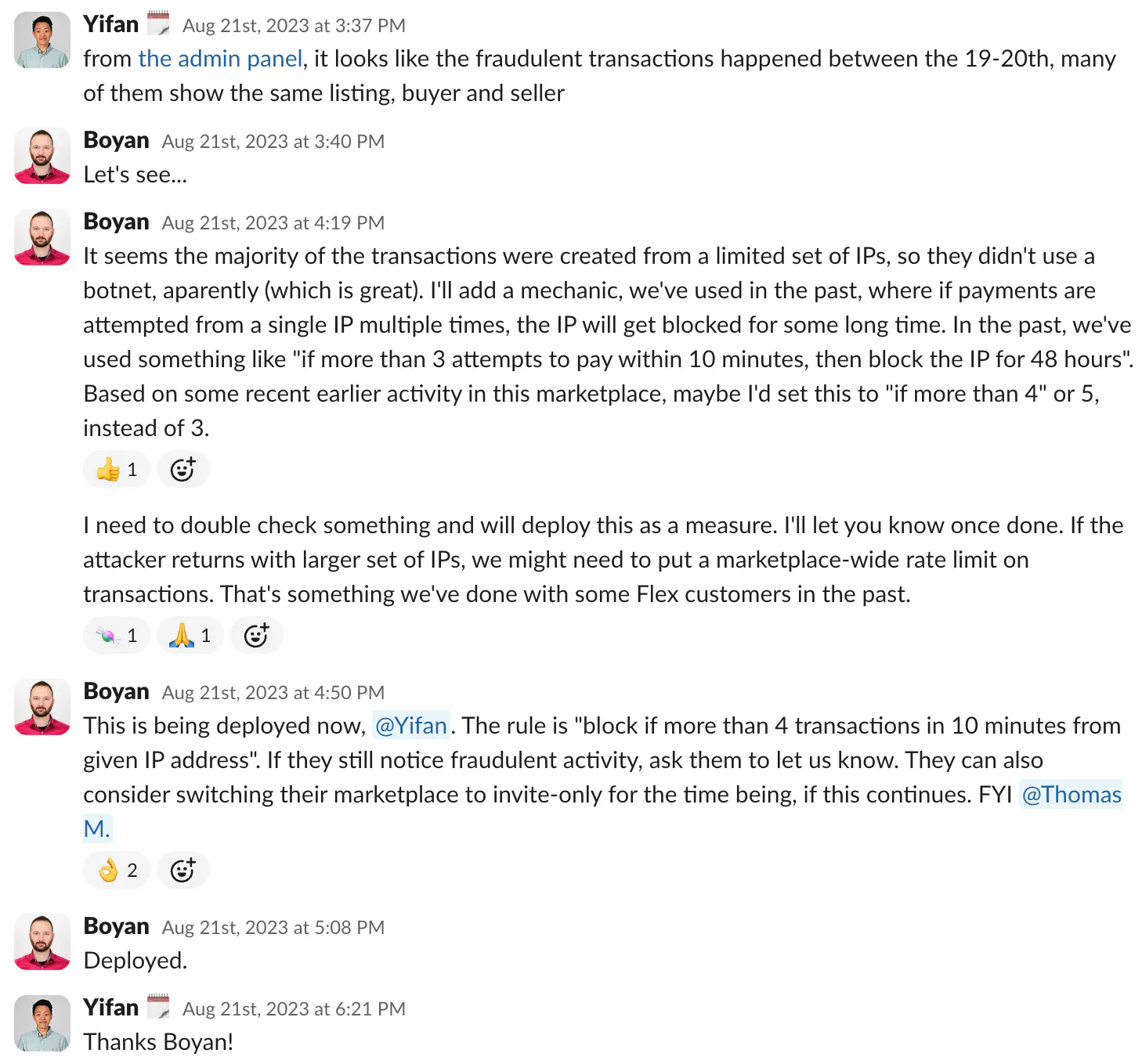 Slack discussion where Yifan reports that fraudulent transactions have occurred and Boyan investigates, then reports a custom rule to block them.