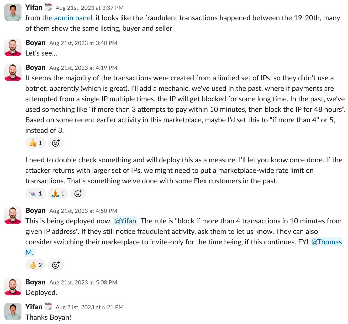 Slack discussion where Yifan reports that fraudulent transactions have occurred and Boyan investigates, then reports a custom rule to block them.