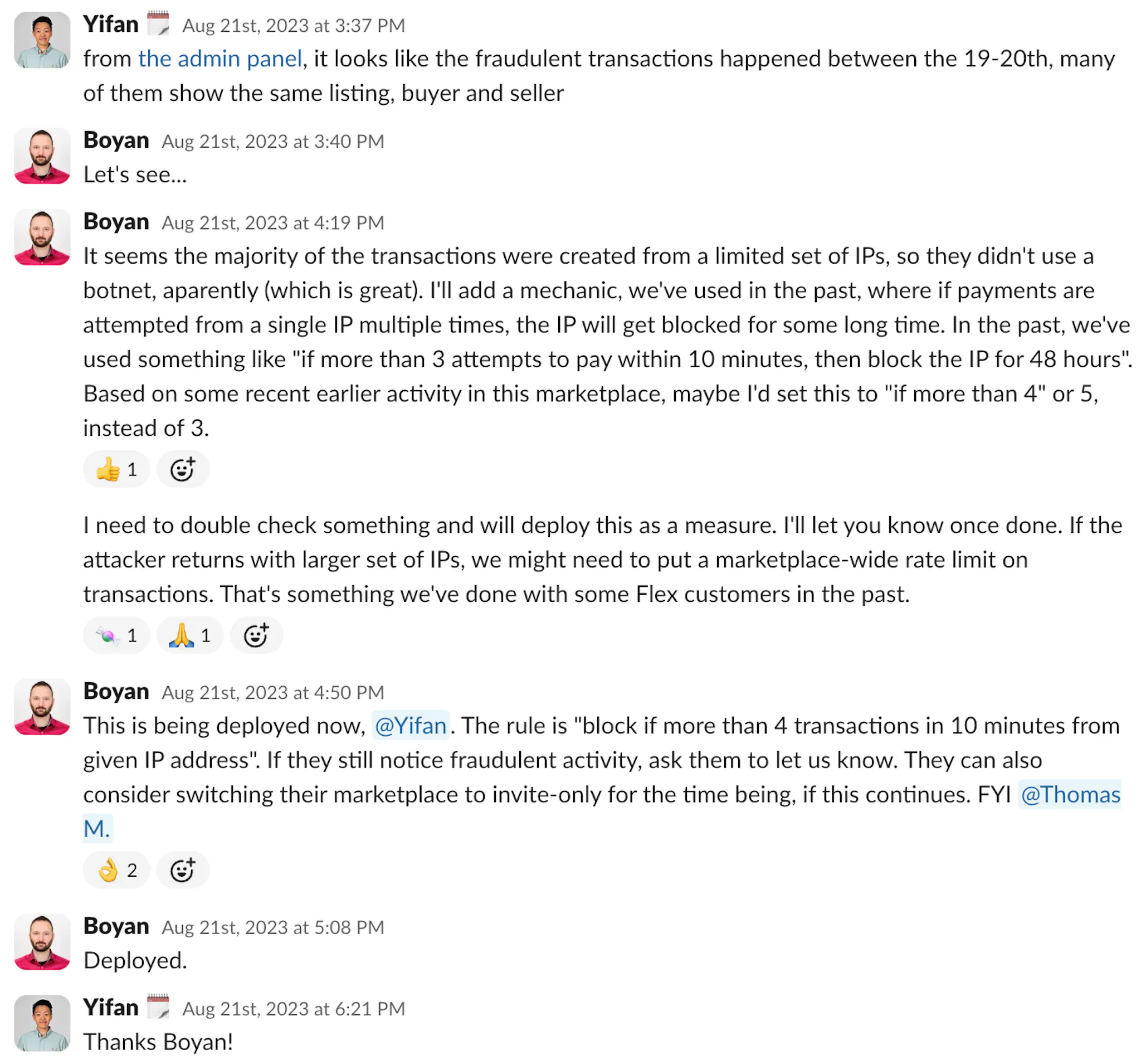 Slack discussion where Yifan reports that fraudulent transactions have occurred and Boyan investigates, then reports a custom rule to block them.