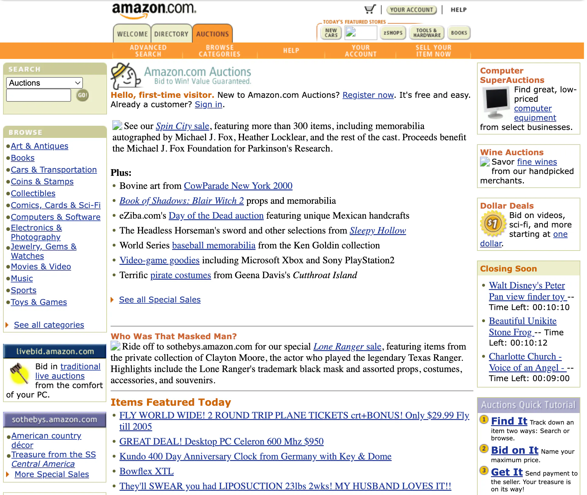 Screenshot of the Amazon Auctions website in 2000. The page has an orange navigation bar with tabs for “Welcome,” “Directory,” “Auctions,” “Help,” and “Sell Your Item Now.” A central banner invites users to register for Amazon.com. The left sidebar lists browse categories like Books, Electronics & Photography, and Toys & Games. The right sidebar promotes “SuperAuctions,” “Wine Auctions,” and “Dollar Deals.” The overall design reflects an early 2000s web layout with dense text and multiple colored boxes.