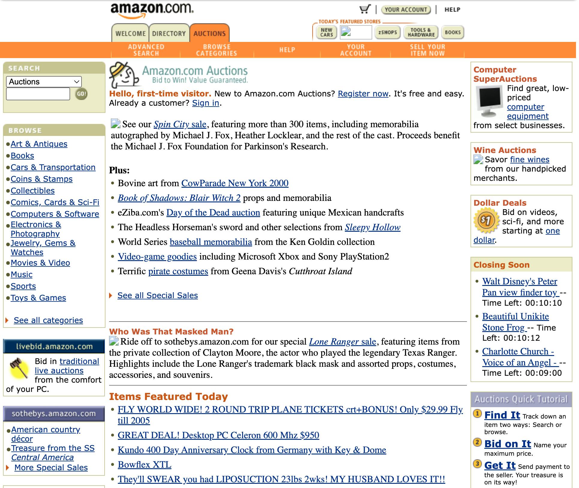 Screenshot of the Amazon Auctions website in 2000. The page has an orange navigation bar with tabs for “Welcome,” “Directory,” “Auctions,” “Help,” and “Sell Your Item Now.” A central banner invites users to register for Amazon.com. The left sidebar lists browse categories like Books, Electronics & Photography, and Toys & Games. The right sidebar promotes “SuperAuctions,” “Wine Auctions,” and “Dollar Deals.” The overall design reflects an early 2000s web layout with dense text and multiple colored boxes.